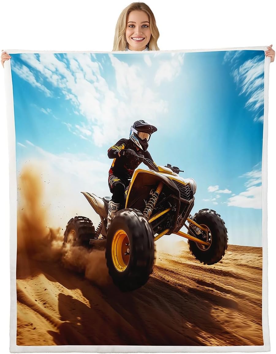 Motorcycle Bed Throws for Kids Boys Teens ATV Rider Printed Flannel Fleece Blanket for Couch Sofa Motor Vehicle Bike Throw Blanket Lightweight Fuzzy Blanket, Twin Size (60 x 80 Inches)
