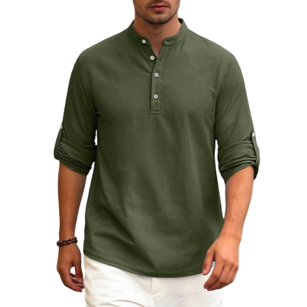 Camisa Henley de manga larga con bloques de color para hombre, ajuste holgado, duradera, para viajes, camping, uso diario