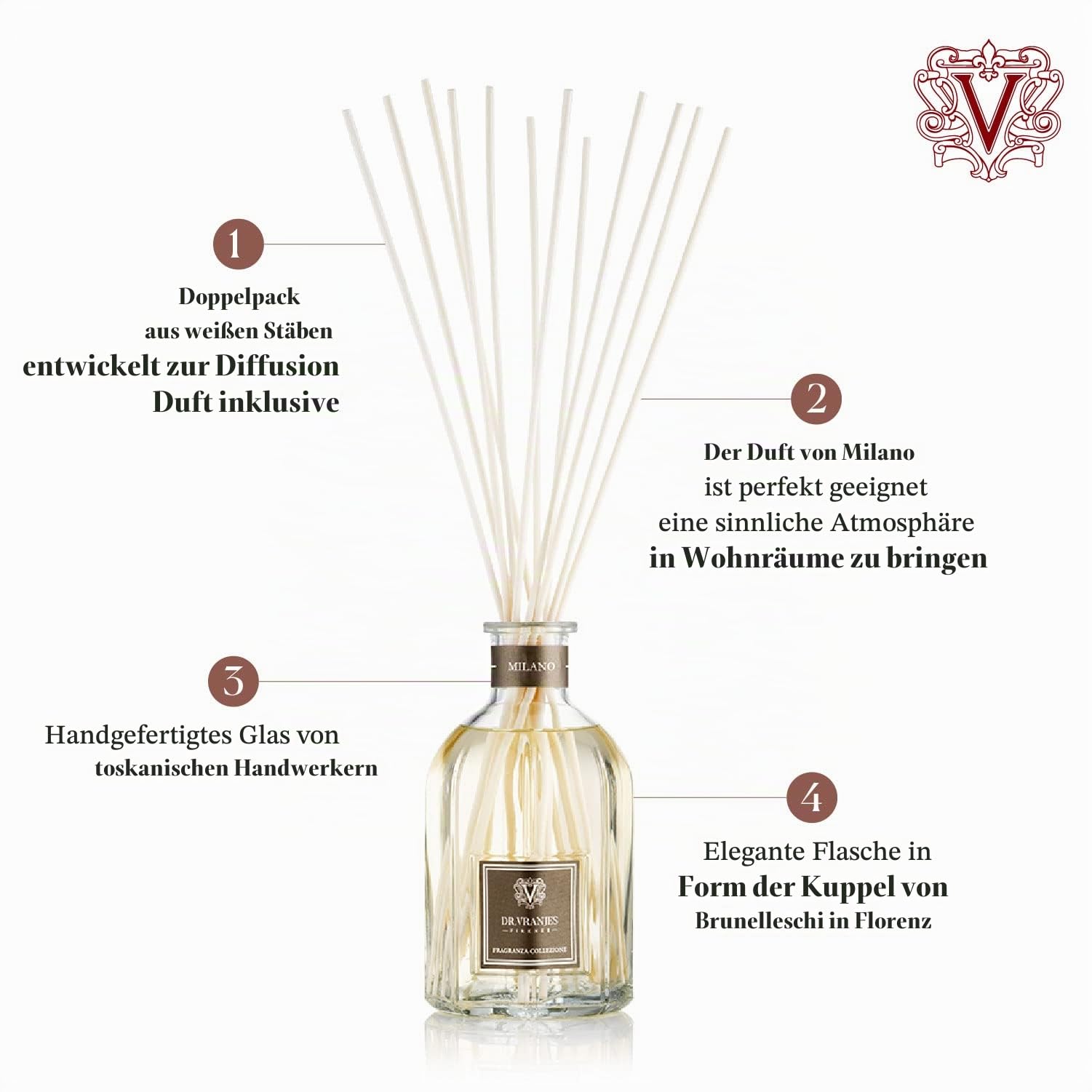 Dr. Vranjes - Milano 250 ml Diffuser + Doppelback weiße Stäbchen (3 Stück) - Luxus-Raumduft, Made in Italy, Duftpyrammide: Patchouli, Pfeffer, Sandelholz (250 ml)