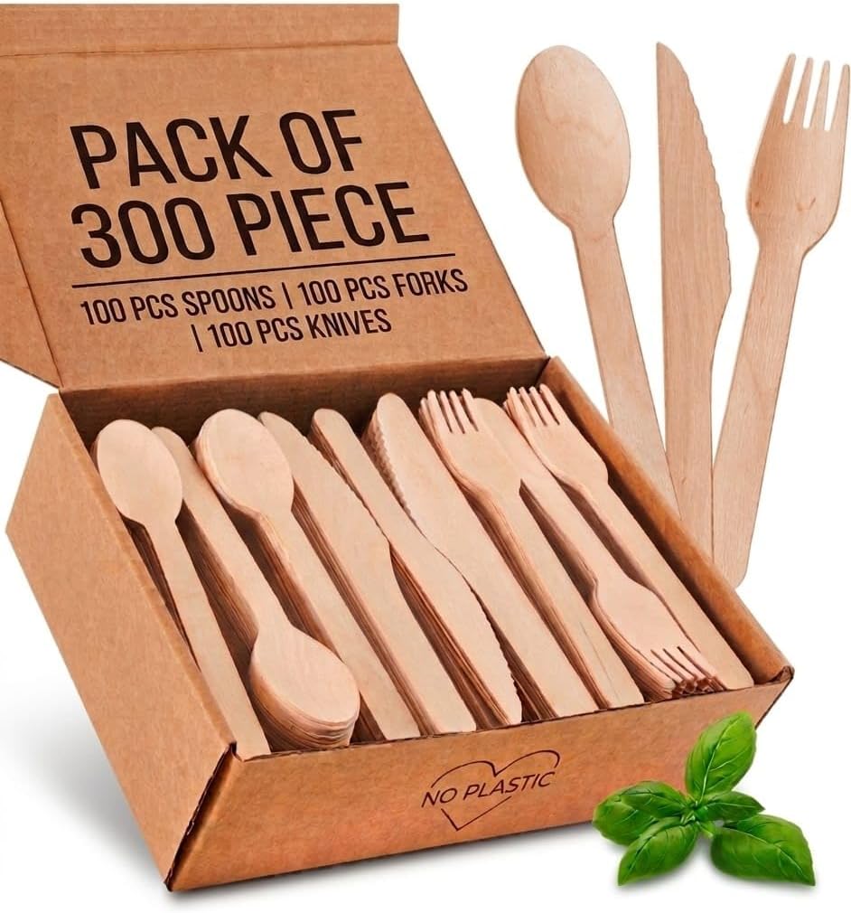 300 Pcs Disposable Wooden Cutlery Set, Biodegradable Compostable Utensils with Forks, Spoons & Knives, Eco-Friendly Natural Wood Flatware for Parties & Everyday Use