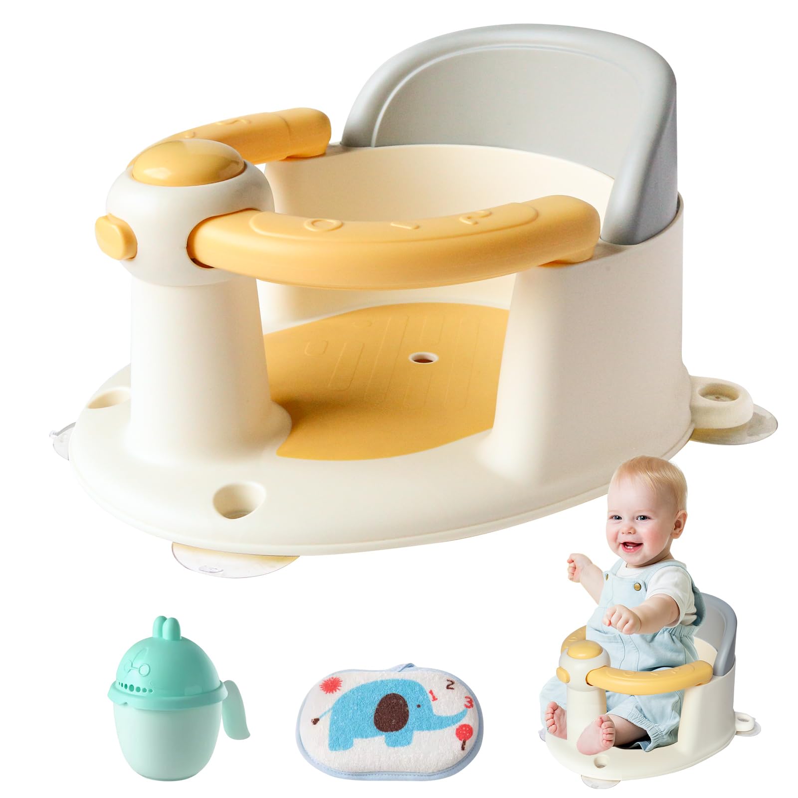 Seggiolino per vasca da bagno per bambini dai 6 mesi in su, antiscivolo, con 4 ventose forti, ergonomico, per doccia o vasca da bagno (giallo)