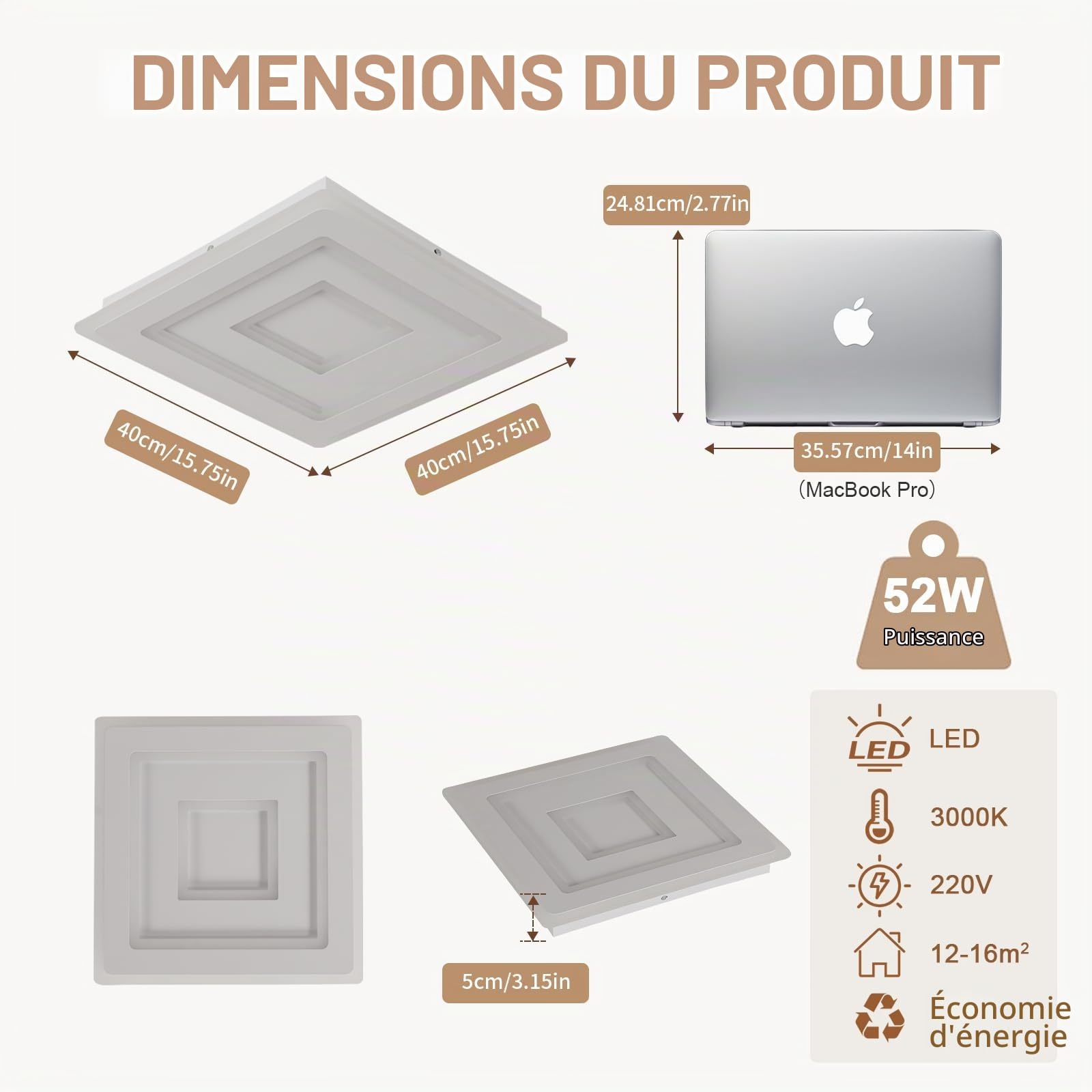 Comely Plafonnier LED Carré Moderne, 52W Lampe de Plafond LED, Acrylique Luminaire Plafonnier Intérieur Blanc pour Chambre à Coucher, Salon, Couloir, Lumière Chaude 3000K, 40cm