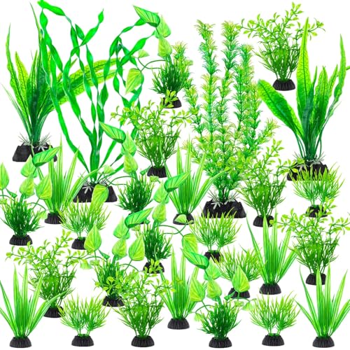 Image of 28Pcs Artificial Aquarium Plants, Green Fish Tank Decorations, Fish Tank Plants Decorations for Household and Office, Various Sizes