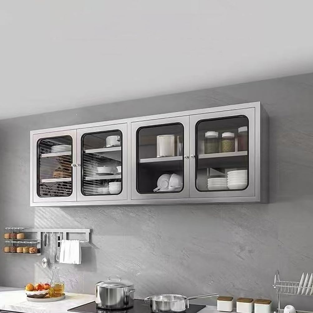 WYRNOBRX 59" Stainless Steel Double Door Storage Cabinets with Adjustable Shelves Floating Wall Cabinet for Kitchen And Bathroom Storage Silver Utility Overhead Furniture,Silver/A,L180*H60*W35