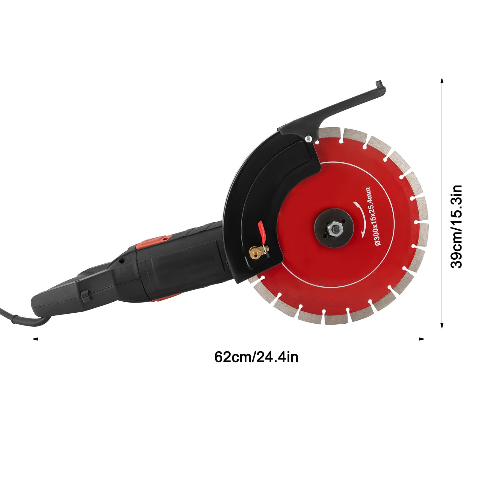 Scie à béton électrique 3000 W 4300 tr/min - Coupe-pierre - 300 mm - Diamètre du disque - Lame diamantée - Profondeur de coupe de 110 mm - Avec 2 lames de scie et pompe d'extraction d'eau