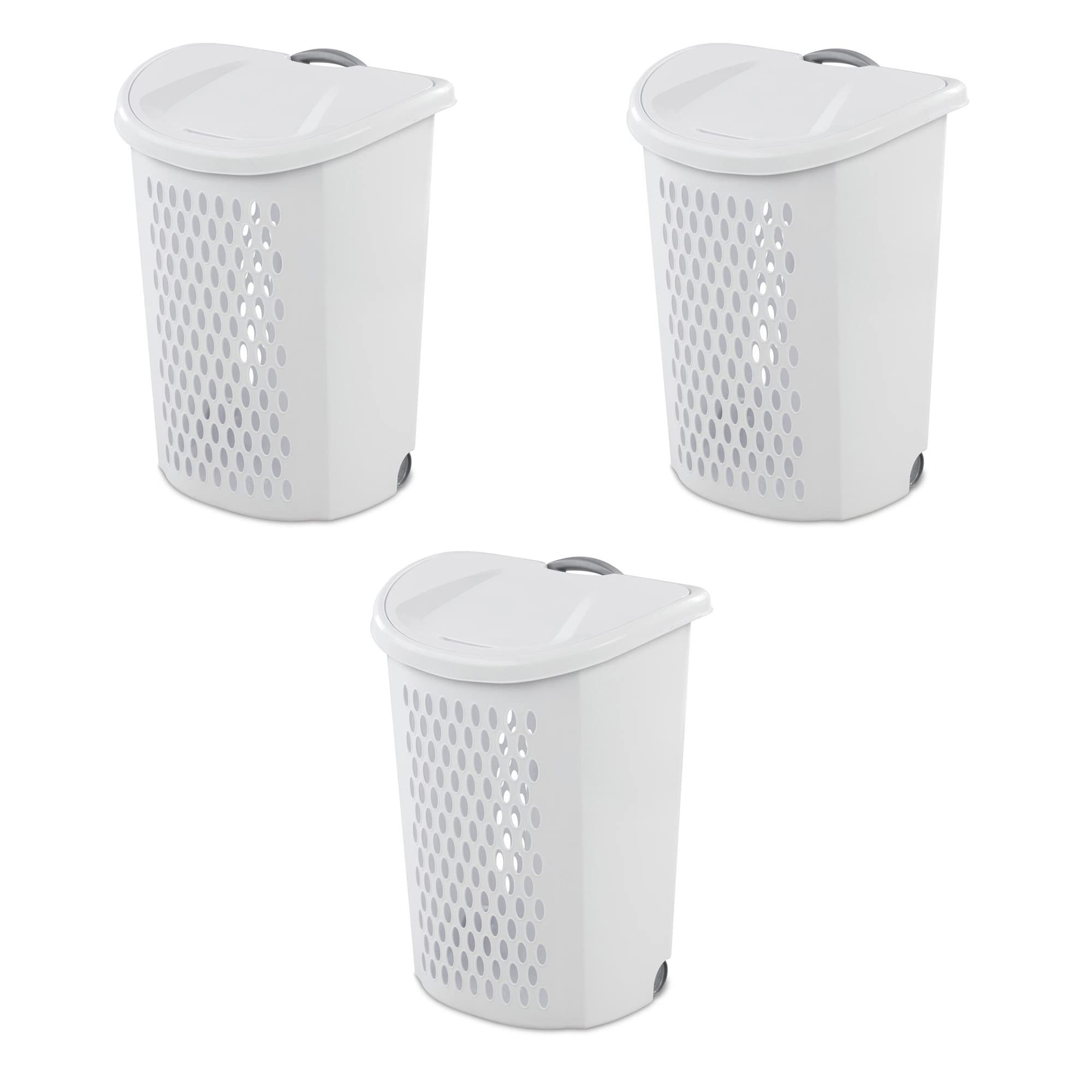 Ultra Wheeled Design Clothes Laundry Basket, Mind Reader Basket Collection，135 Liter （20 1/8" x 15 3/8" x 26 3/4"）Capacity, Laundry Hamper White Lid & Base w/Plastic Handle & Wheels, 3-Pack.