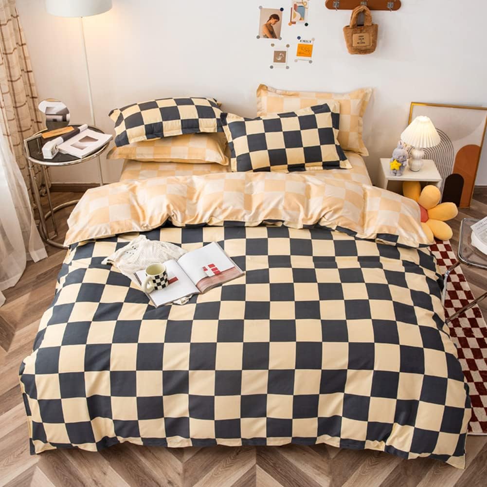 LAMEJOR Duvet Cover Set King Size Beige/Gray Checkered Bedding Set Comforter Cover (1 Duvet Cover+2 Pillowcases)