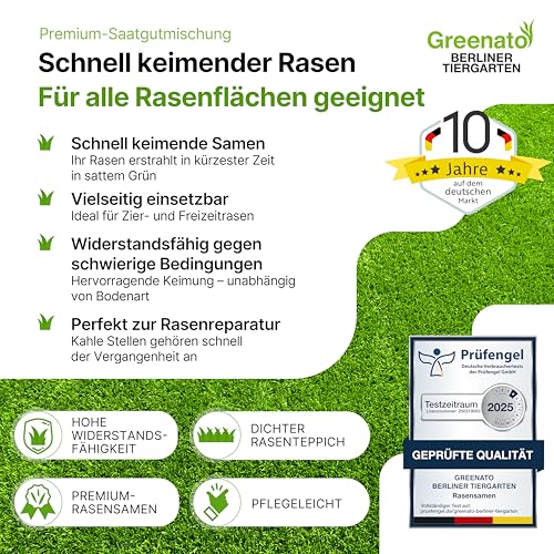 25 kg Grassamen schnellkeimend Greenato Berliner Tiergarten - Schattenrasen Unkrautvernichter und Moosvernichter Rasen Universal Rasensamen - Rasensaat ausreichend für 1000 m²