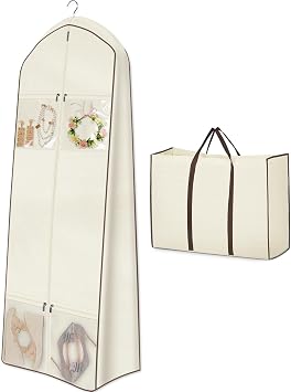 MISSLO Portable 70" Wedding Dress Garment Bag with Bride Tote Bag 8 Gusseted Dress Bags for Gowns Long 4 Pockets Dress Cover for Women, Beige