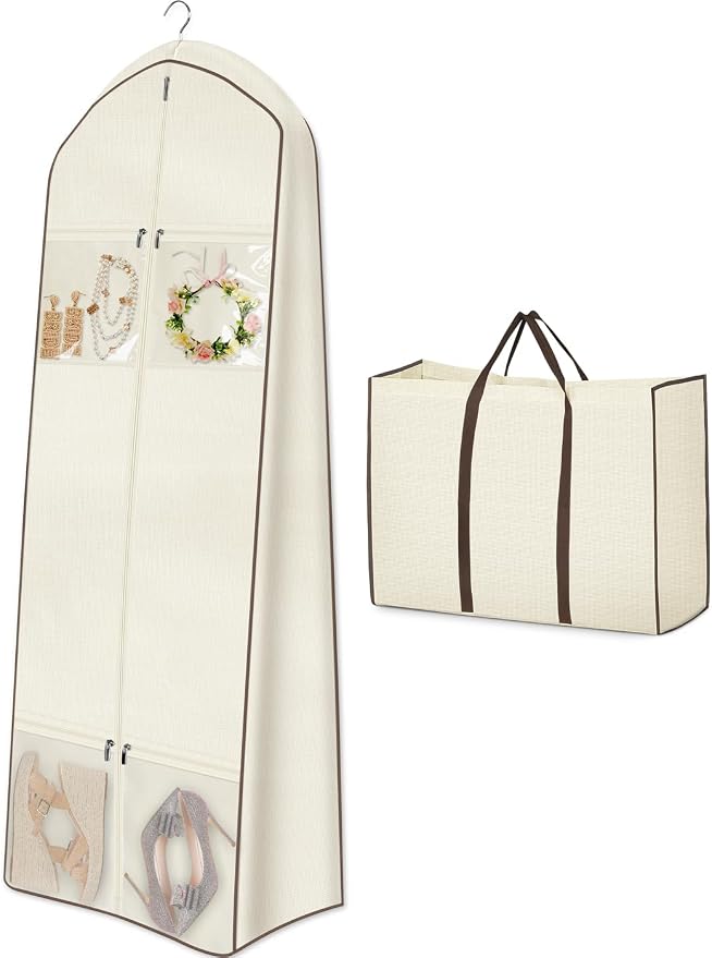 MISSLO Portable 70" Wedding Dress Garment Bag with Bride Tote Bag 8'' Gusseted Dress Bags for Gowns Long 4 Pockets Dress Cover for Women, White
