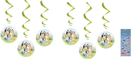 Miniatura 2 de Bluey - Paquete de suministros para fiesta de cumpleaños que incluye decoración de remolino colgante, 6 unidades con 1 hoja de calcomanías de