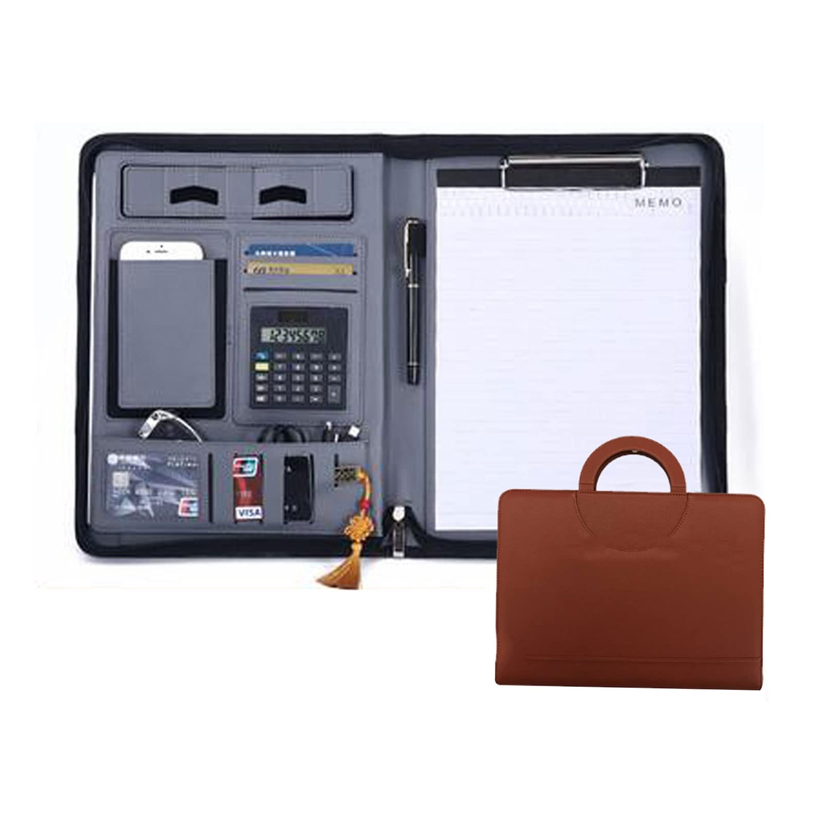 Portfolio biznesowe A4 Padfolio wielofunkcyjny segregator na zamek skórzany notatnik profesjonalny teczka na dokumenty konferencja planer dokumentów osobisty organizer dla mężczyzn kobiet (kolor: brązowy, rozmiar: z kalkulą