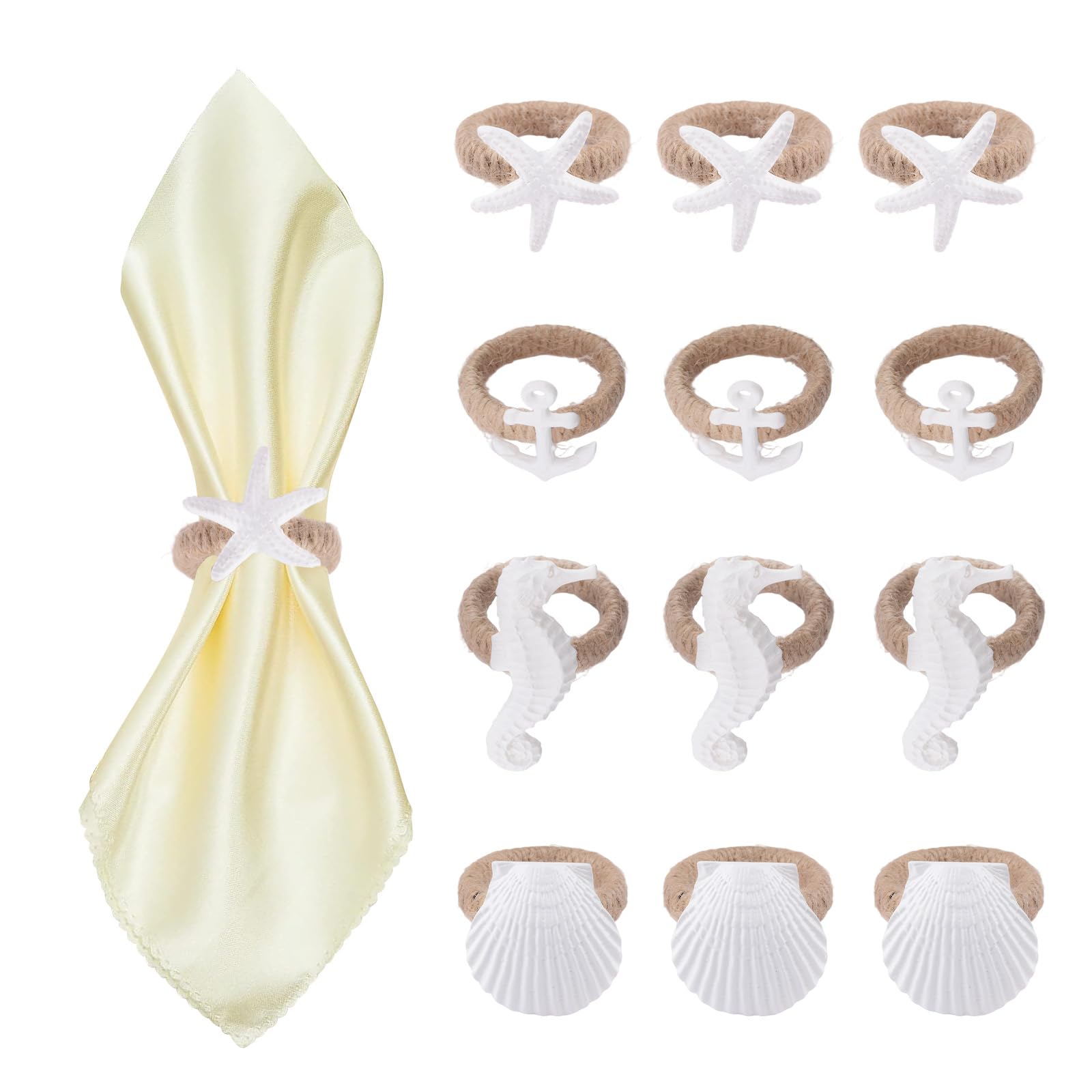 Coastal Seestern Serviettenring, 12 Stück, Seestern, Seepferdchen, Muschel, Anker, Serviettenringhalter für Bastelarbeiten, Tischparty, Bankett, Hochzeit, Strandtuch, Dekoration
