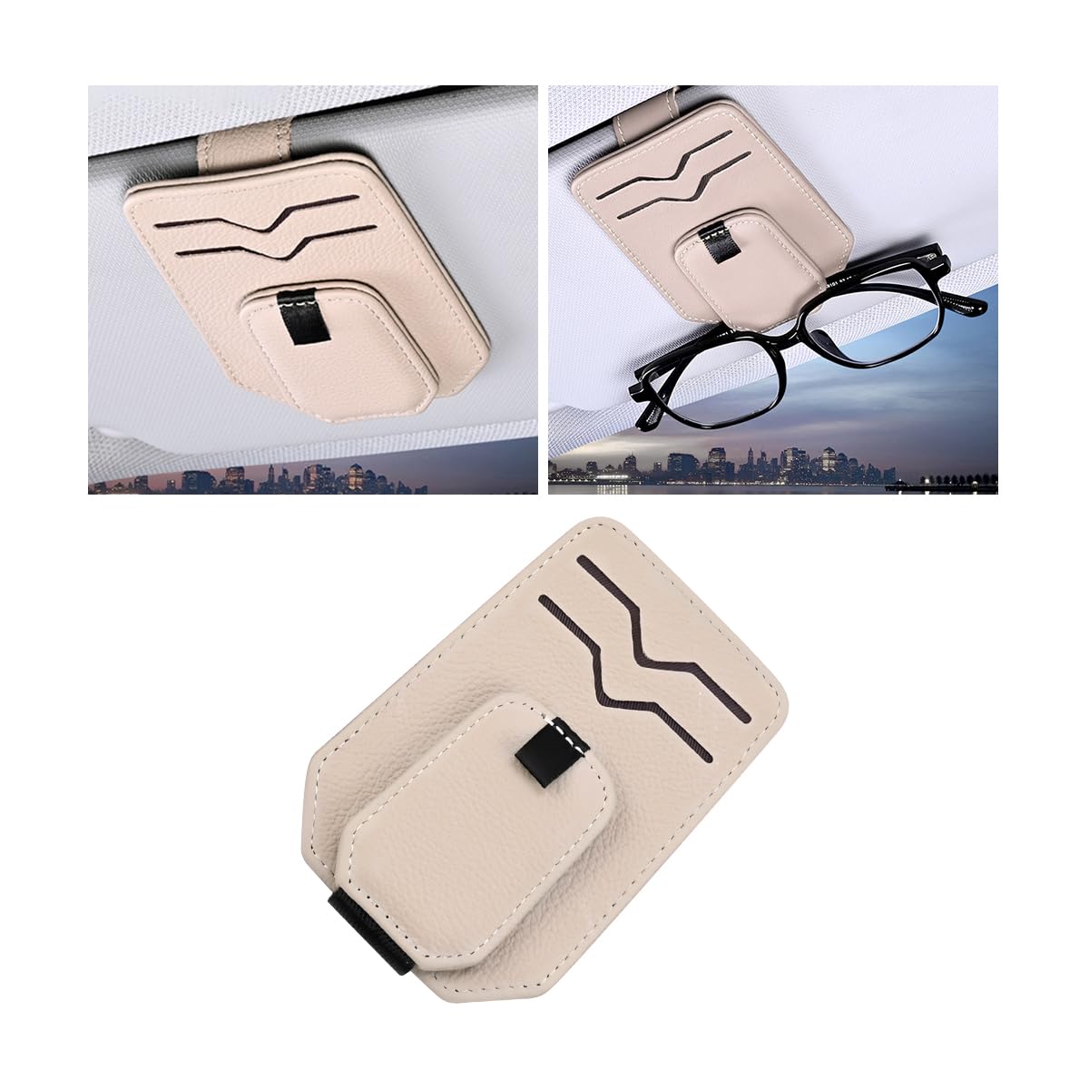 Mandark Leather Car Sunglasses Holder for Sun Visor, Small Magnetic Vehicle Glasses Card Visor Organizer Clip, Multifunctional Auto Ticket Card Clip Eyeglasses Mount Hanger, Universal Fit（Beige）