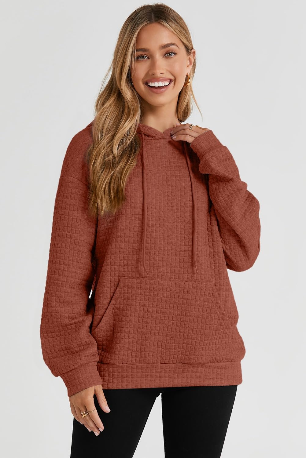 SHEWIN Womens Hoodies Casual Long Sleeve Drawstring Waffle Pullover Tops Loose Hooded Sweatshirt with Pocket - Image 2