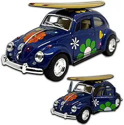 Miniatura fusca 1967 carrinho de coleção em metal, 12 CM, 1/32, abertura de portas laterais, rodinhas em borracha e com fricção, Miniatura de carros antigos (Azul com prancha estampado)