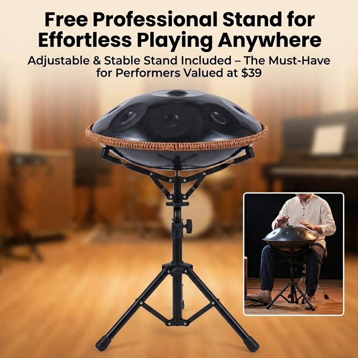 Hand Pan, Steel Handpan Drum, 18/22" D Minor Kurd 440Hz 9/10/12 Note, con Custodia, Supporto, 2 Bacchette, Adesivi per Note Musicali, per Principianti, Meditazione(D'argento,440HZ/22inch/14Note)