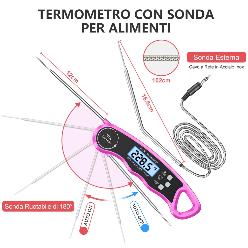 CIRYCASE Termometro Cucina Lettura Rapida, Doppia Sonda 102cm Termometri Alimenti Digitale, Termometro Barbecue Luce & Calibrazione, Magnete sound Utensili Cucina Campeggio Grill Cottura/BBQ/Latte