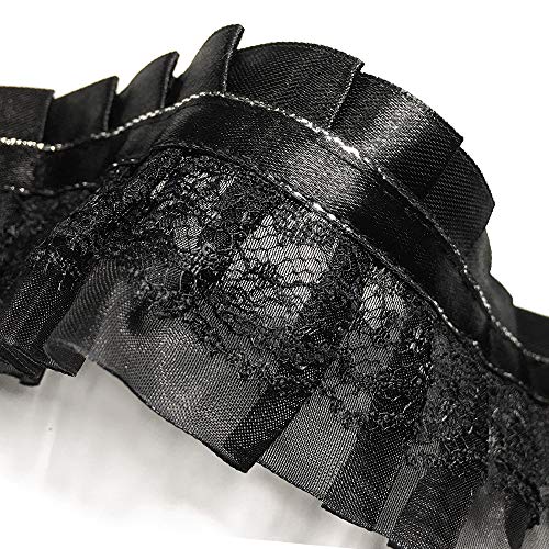 eJoyce 1-7/8\" Ruffled Organza Lace with Pleated Satin Ribbon Trim by 2-Yards, HDL-053 (Black/Silver)