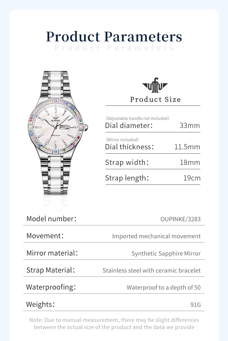 OUPINKE Relojes automáticos para mujer, con diamantes coloridos, elegante, de lujo, oro rosa, mecánico, cristal de zafiro, reloj de pulsera, 3283: blanco
