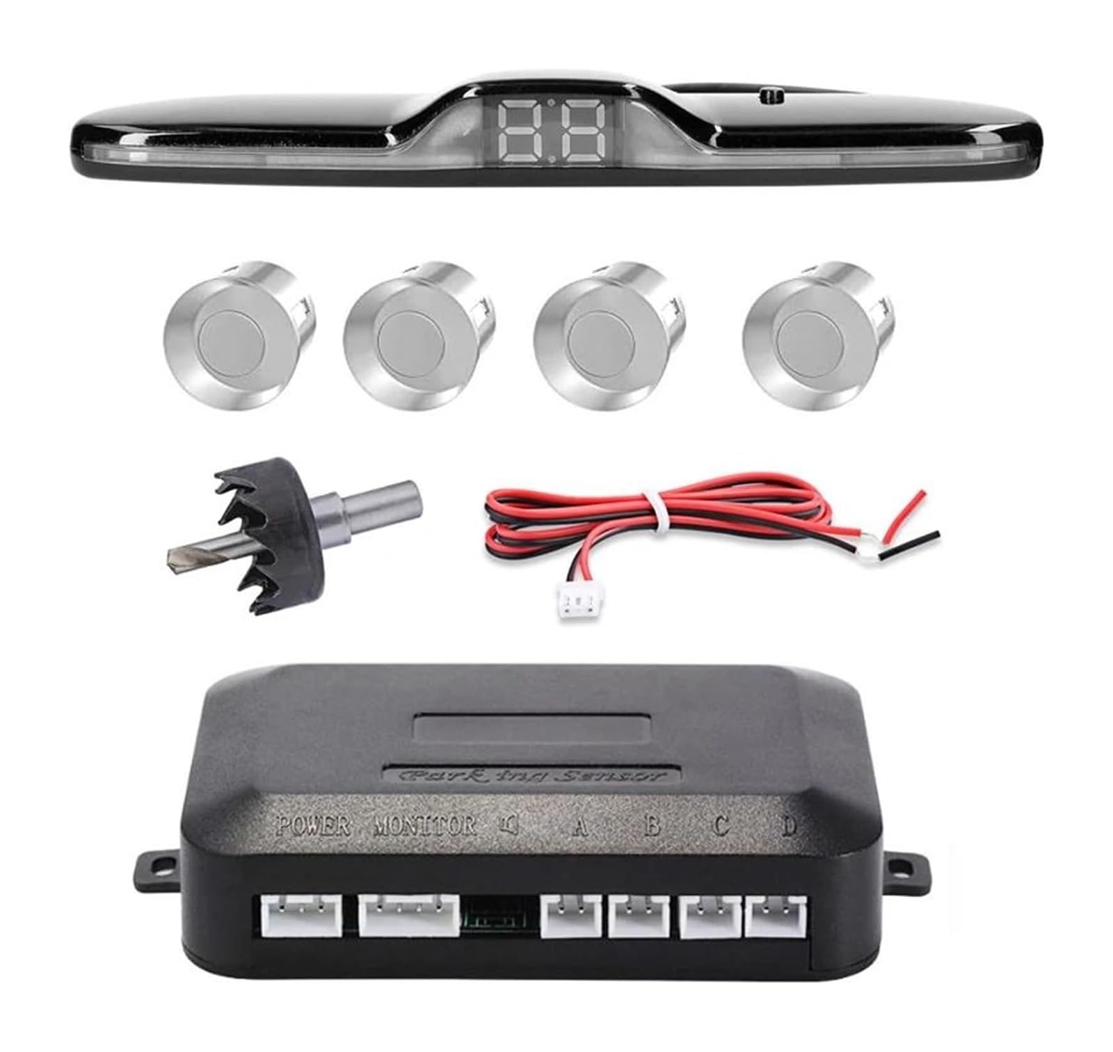 Sensores Radar Marcha Atrás para Coche,Asistencia Aparcamiento Monitor Detector con Pantalla Sonido Advertencia 4 Sensor De Aparcami(Plata)