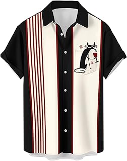 QIVICIMA Men's Retro Bowling Shirts 50s Vintage Button Down Color Block Active Shirts Flamingo Print