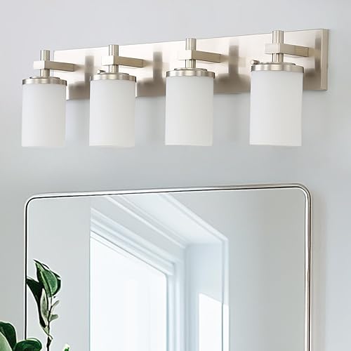 Miniatura 3 de LOUSACE Lámparas de baño sobre espejo de níquel cepillado, 4 luces de tocador de baño con pantallas de vidrio blanco ópalo, apliques de pared