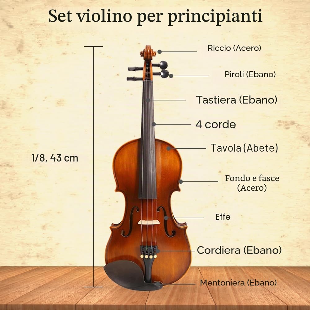 Violino 1/8 per bambini Violino piccolo realizzato con legno di acero e abete rosso con raccordi in ebano violino per bambini dai 3 ai 5 anni