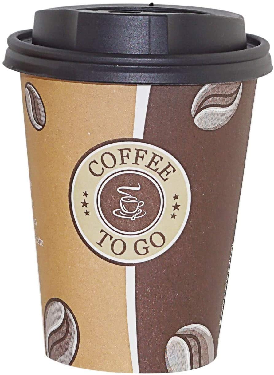 Gastro-Bedarf-Gutheil 100 Top Kaffeebecher Pappe 300ml / 12oz Pappbecher Einwegbecher EINWEG Coffee to go 0,3 L 300ml Becher mit schwarzen Deckel