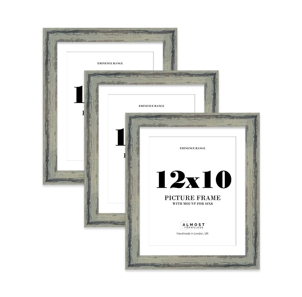 12x10" Distressed Green Picture Frame with 10x8" Mount - Aged Photo Frame with Distressed Finish, Wall Hooks and Kickstand, 32mm Edge - 3 Pack