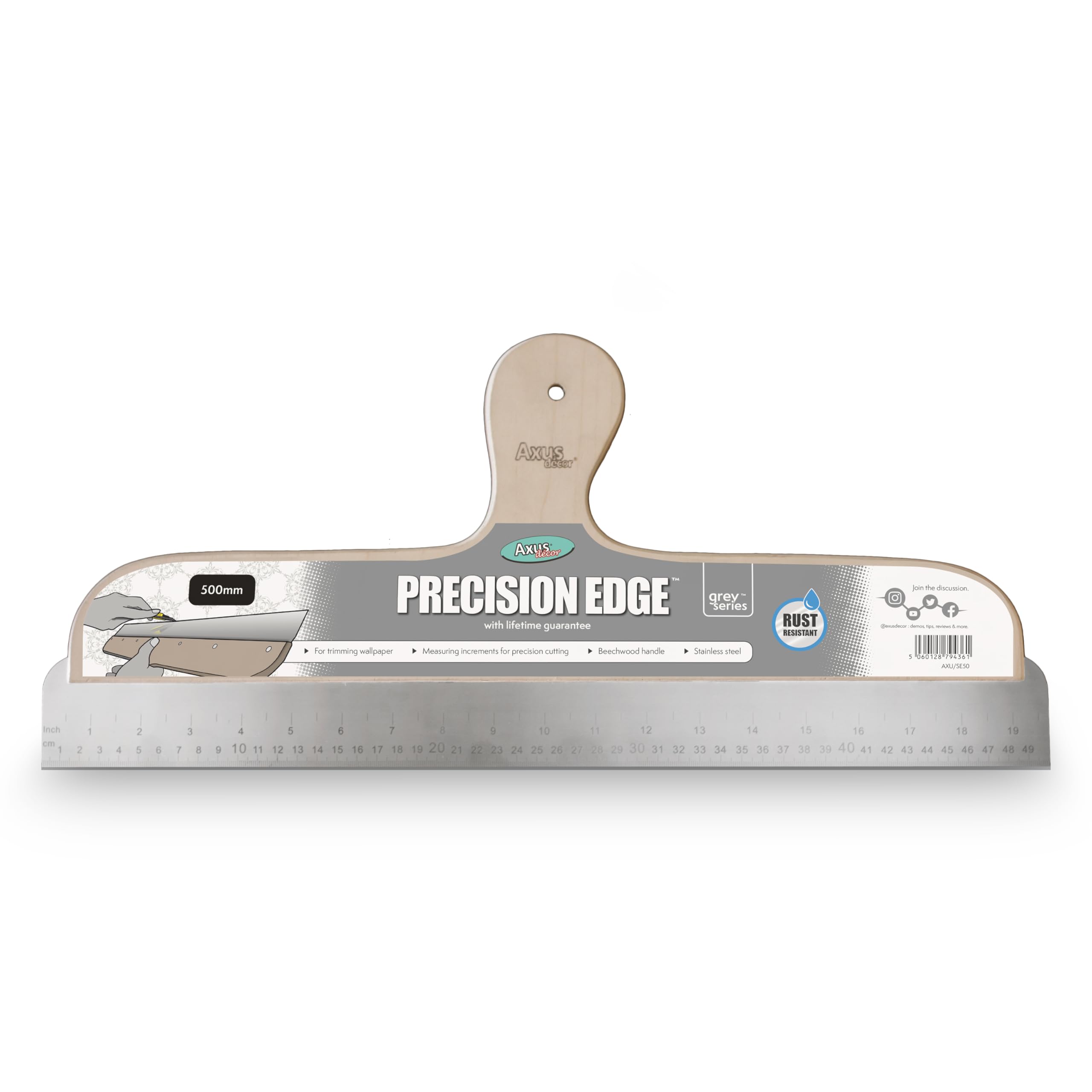 Precision Edge 500mm (Grey Series) - Multipurpose Tool With Measuring Increment & Cutting Blade - Wallpaper Cutting Tool With Stainless Steel Blade & Beechwood Handle, Grey