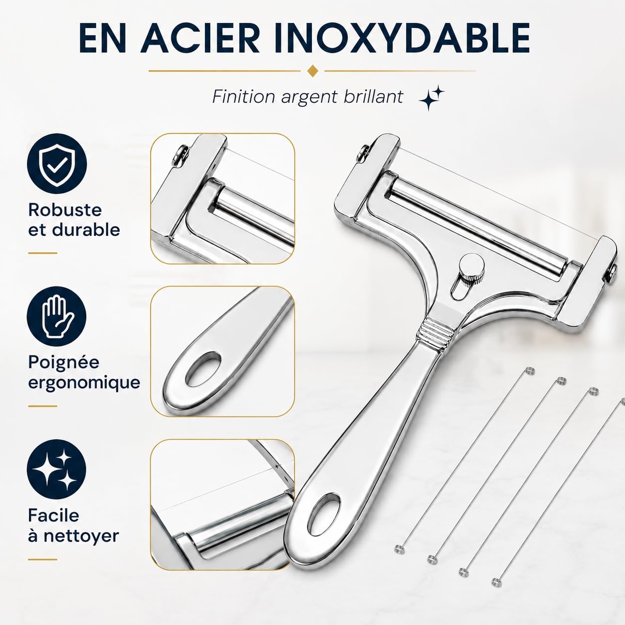 Trancheur à fromage manuel inox 4 fils de rechange réglable coupe-beurre portable argent brillant