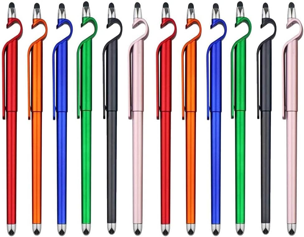 Mobile Stand (Pack 12) for Samsung Galaxy Victory 4G LTE L300 Ballpoint Function Stylus Pen with Mobile Stand Holder Writing Pen Screen Wipe Adjustable Flexible Clip Holder Pen - (BRT.D, Mix)