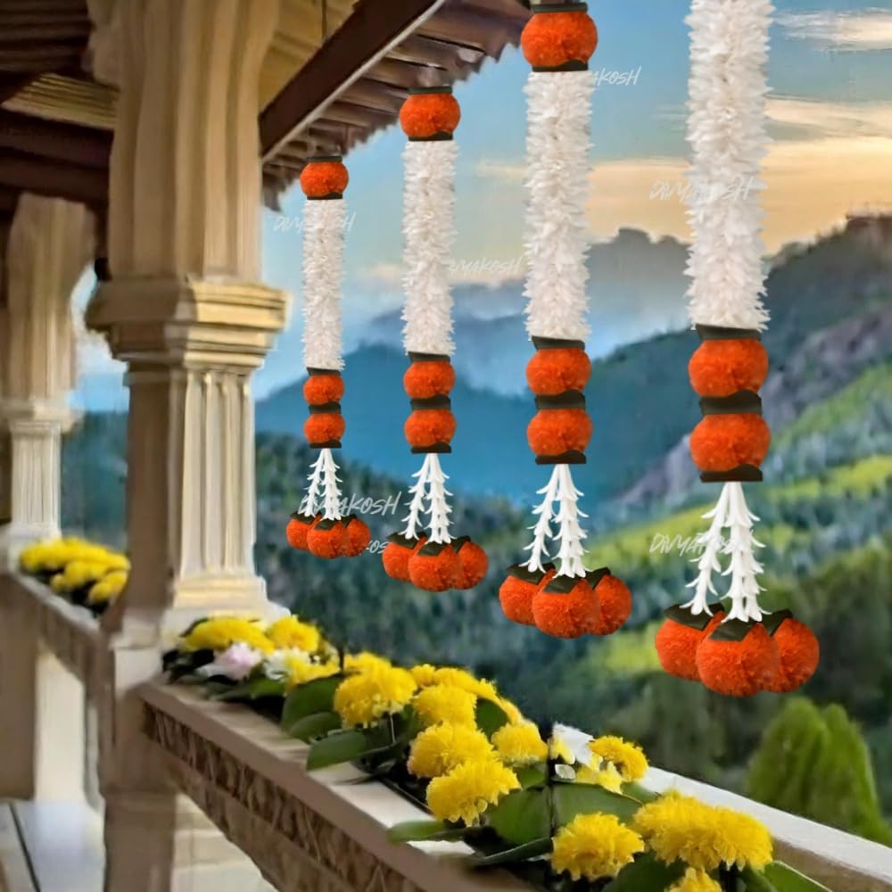 Divyakosh Artificial Gajra Jasmine & Saffron Marigold Latkan (Pack of 10, 2 Ft Each) | Indian Wedding Decorations, Haldi Backdrop, Diwali Pooja Room & Event Décor