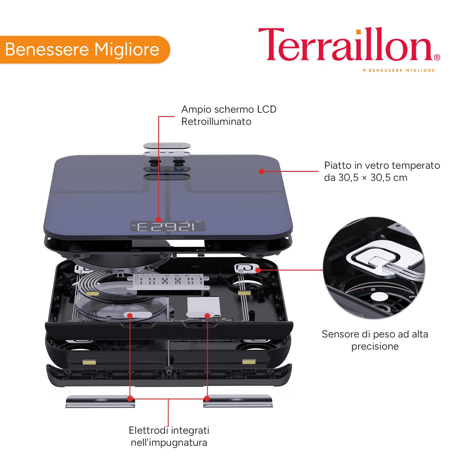 TERRAILLON - MASTER COACH EXPERT - Bilancia connessa Wi-Fi, 8 elettrodi invisibili, analisi della massa grassa, muscolare, idrica, ossea e viscerale, BMI, capacità 180 kg, piatto in vetro, blu