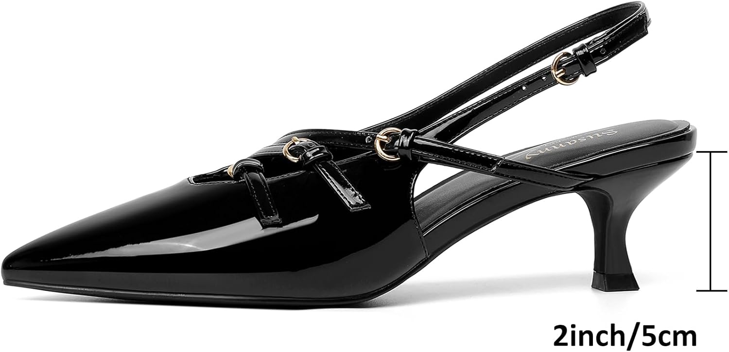 Susanny Burgundy Patent Slingback Kitten Heels for Women Closed Pointed Toe Strappy Dress Pumps Comfortable Stiletto Low Heels Sexy Buckle Strap Dressy Slip On Shoes for Wedding Bridal Work - Image 4
