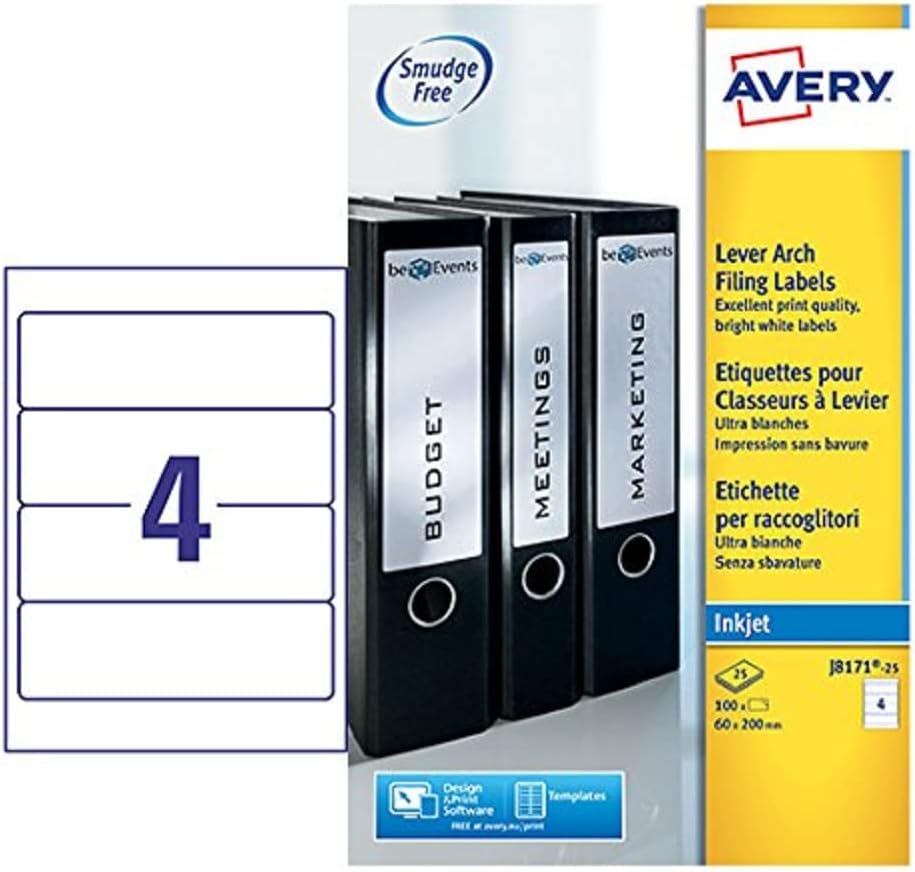 Avery Lever Arch File Labels, Printable & Smudge Free, 200 x 60 mm, Customisable Stickers for Folders, 4 Per A4 Sheet, 100 Pack, Inkjet Compatible (J8171-25)