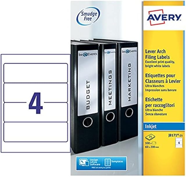Avery J87-25 Self-Adhesive Lever Arch File Labels, 4 Labels Per A4 Sheet, 100 Labels Per Pack, White, 1