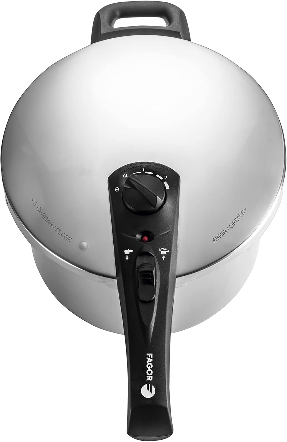 A dalt view of Fagor Duo Pressure Cooker lid showing pressure regulator and opening/closing indicators