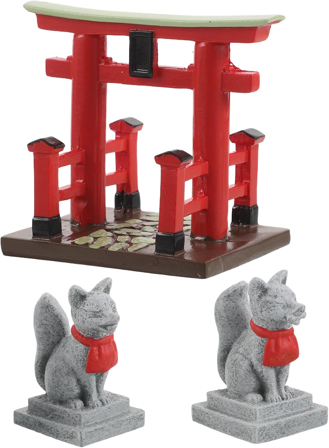 LOGOFUN 2Sets Miniature Japanese Torii Gate Shinto Shrine with Sacred Fox Figurine for Garden Moss Micro Landscape Decor Bonsai Accessory