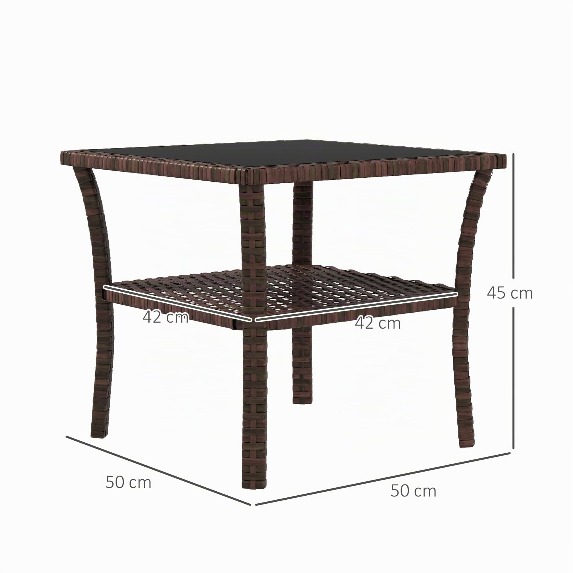 Outsunny Mesa de Ratán Sintético Cuadrada 50x50x45 cm con Estante Marrón | Mesita Exterior Pequeña, Encimera de Vidrio y Marco de Acero, Carga 30 kg, para Terraza Patio