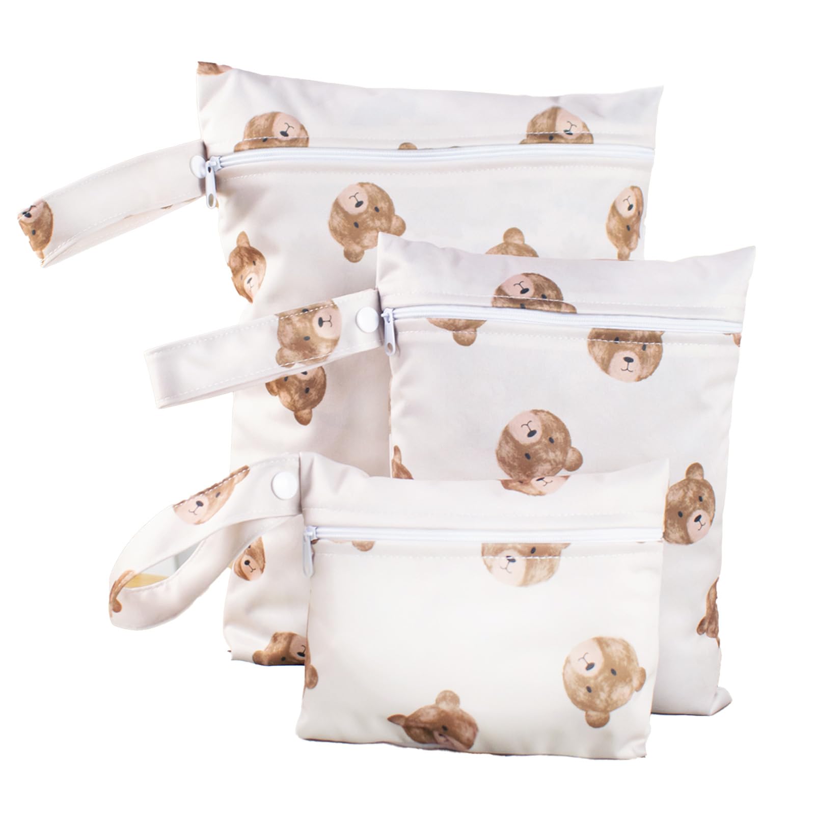 3 Pièces Modèle d'ours Sacs à Couches Lavables, Sac Étanche Couche, Sac a Couches Bebe, Réutilisable Pochette Humide et Sèche à Fermeture Éclair pour la Natation Camping Voyage Plage Fitness