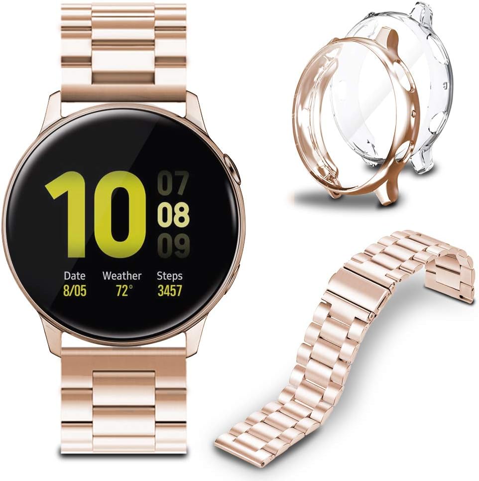 DSYTOM Cover Compatible for Active 2 Watch Band 44mm, 20mm Stainless Steel Replacement Strap with Screen Protector Case for Samsung Galaxy Active 2 (44mm,Rose Gold)