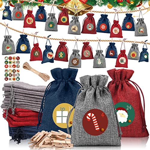 Adventskalender Zum Befüllen 2022, 24 Jutesäckchen Weihnachten Geschenksäckchen mit Adventszahlen Filz Aufkleber, DIY Stoffbeutel Weihnachtskalender Tüten Für Männer Frauen Kinder Cover