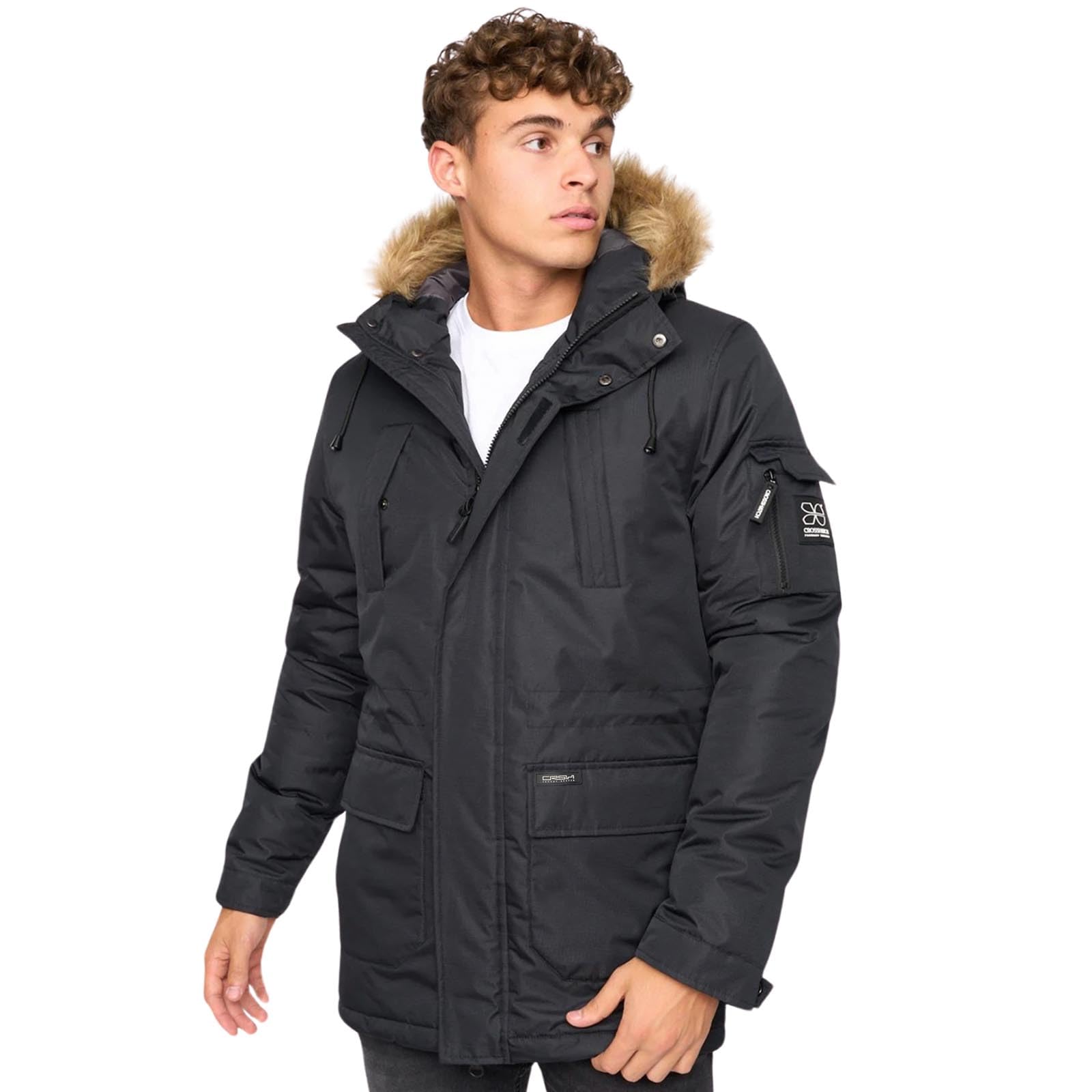 Crosshatch Mens Padded Parka Shower Resistant Fur Hood Winter Coat Jacket by JeanBase Black - Parka S