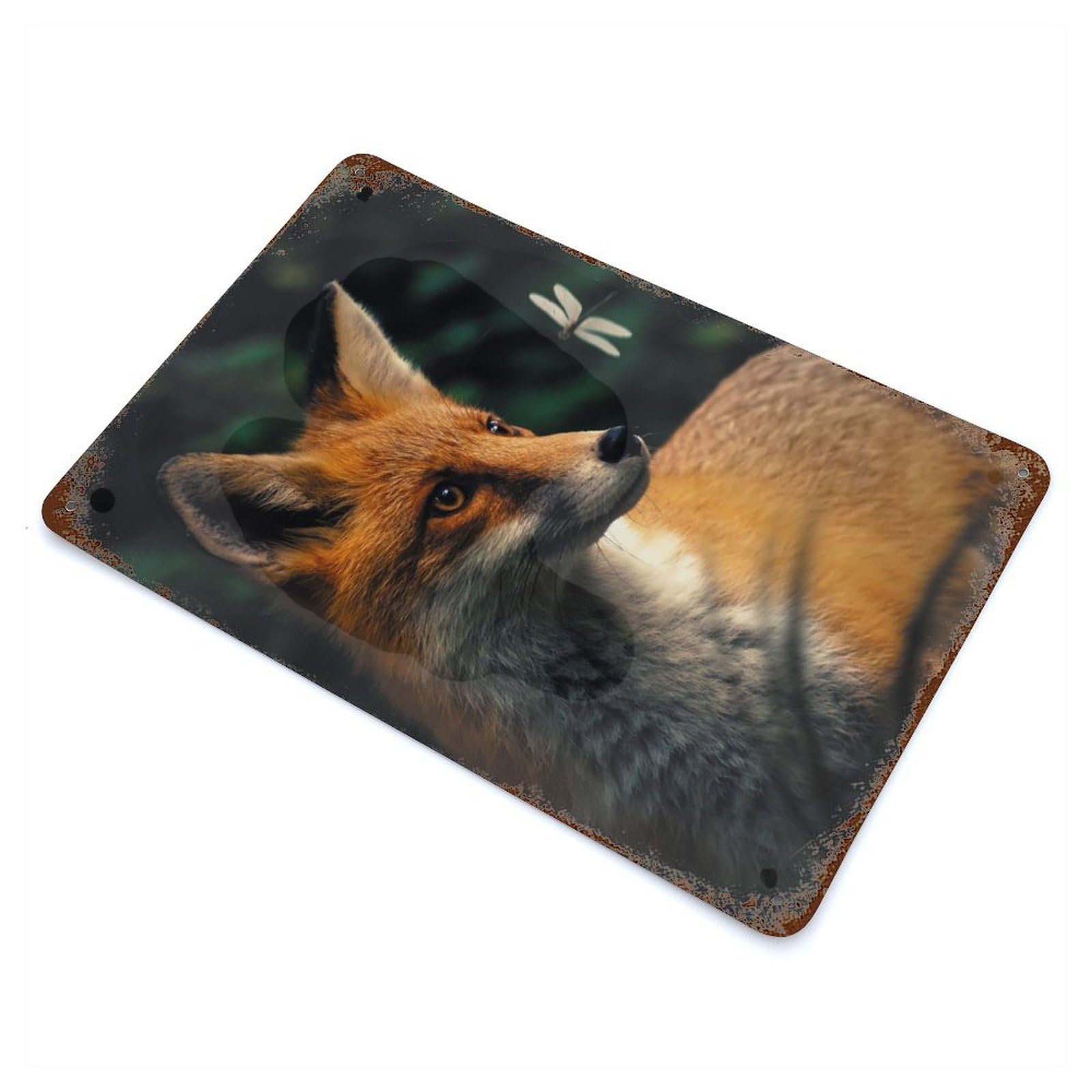 The Fox And Dragonfly Decorative Tin Sign 11.8"x7.9", Farmhouse Wall Decor for Living Room, Hallway And Home Decor