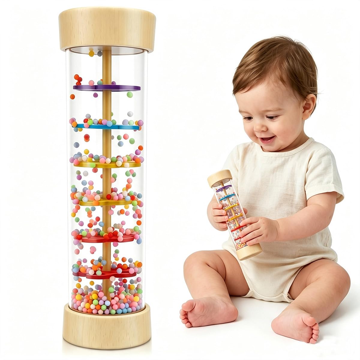 Wooden Rainmaker Baby Toy Sensory Rain Stick for 6-12 Months, Montessori Baby Rattle with Soothing Rain Sounds, Musical Instrument for Infant Toddler, Baby Rattle Sensory Hand Grip Developmental Toy