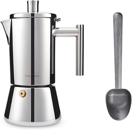 Easyworkz Diego - Cafetera de café expreso para estufa, 4 tazas, 6.8 onzas, con mango largo hueco de acero inoxidable, cuchara medidora de 0.27
