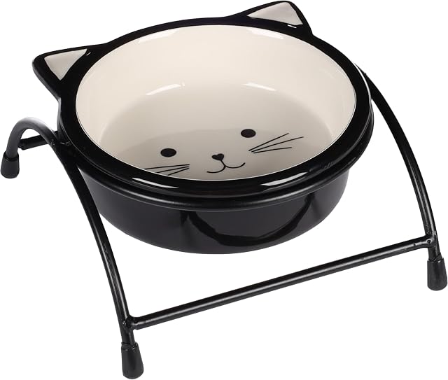 Bowl for Food and Water + Cat Holder Ceramic Handle Black/White Round 230 ml