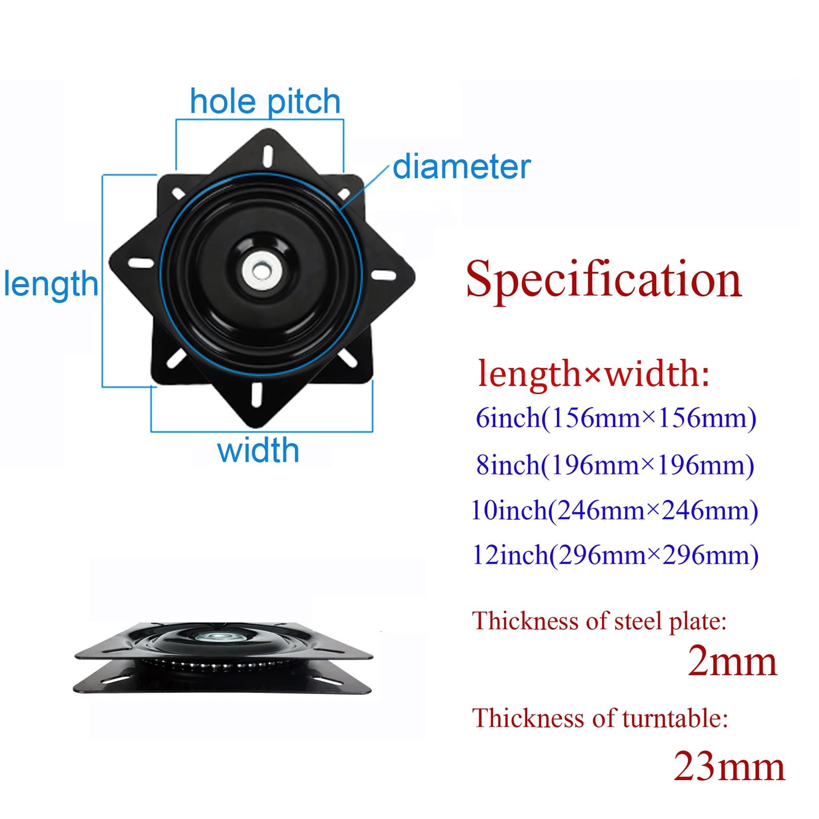 Base girevole con piastra orientabile, Cuscinetto a sfere con piastra girevole a 360 gradi for staffe for sedie da 6-12 pollici nero(12inches)